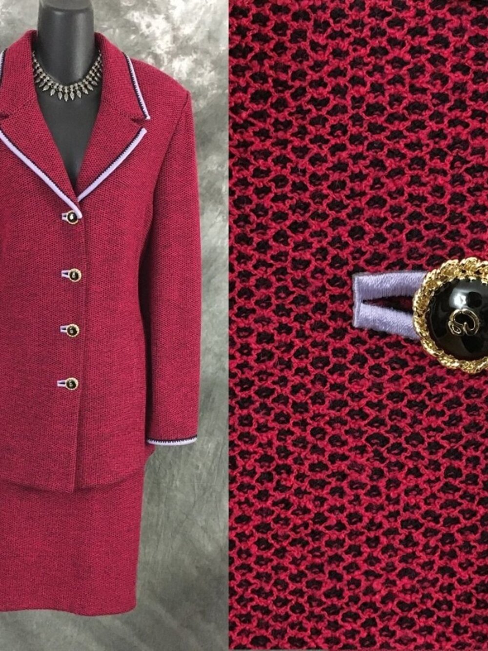 BEAUTIFUL St John collection knit red black multi jacket skirt suit size 12 14